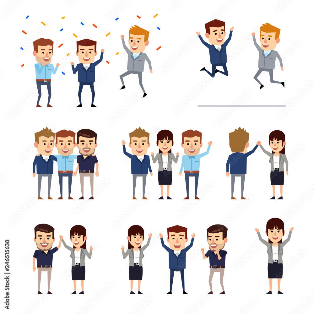 Set of business people celebrating success, achievement. Business man and woman jumping, standing in group. Flat design vector illustration Set of business people celebrating success, achievement. Business man and woman jumping, standing in group. Flat design vector illustration