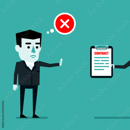 Businessman rejects a contract offer. Unprofitable deal. Flat style vector illustration