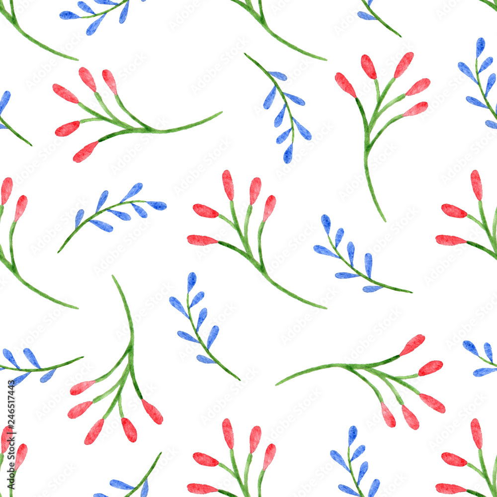 Seamless pattern with watercolor branches on white background