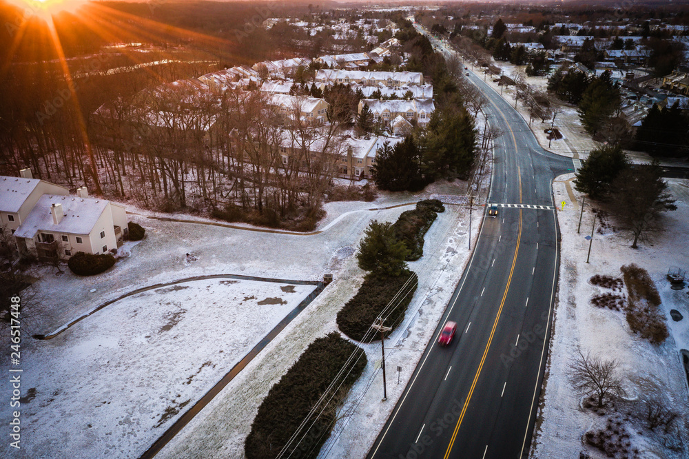 Aerial of Snowy Plainsboro Sunset 