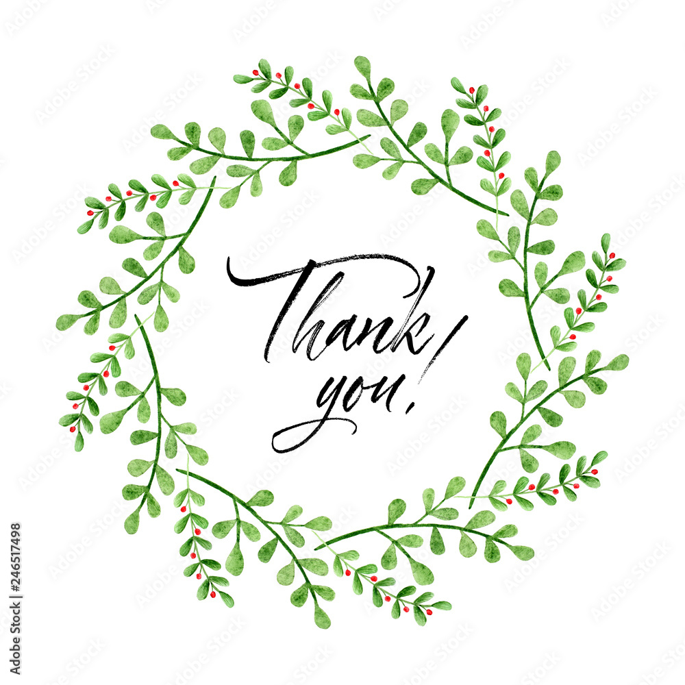 Watercolor wreath with Thank you text. Hand painted branches and flowers Watercolor wreath with Thank you text. Hand painted branches and flowers