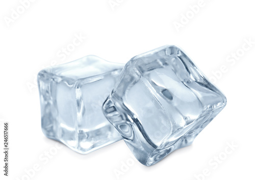 Crystal clear ice cubes on white background