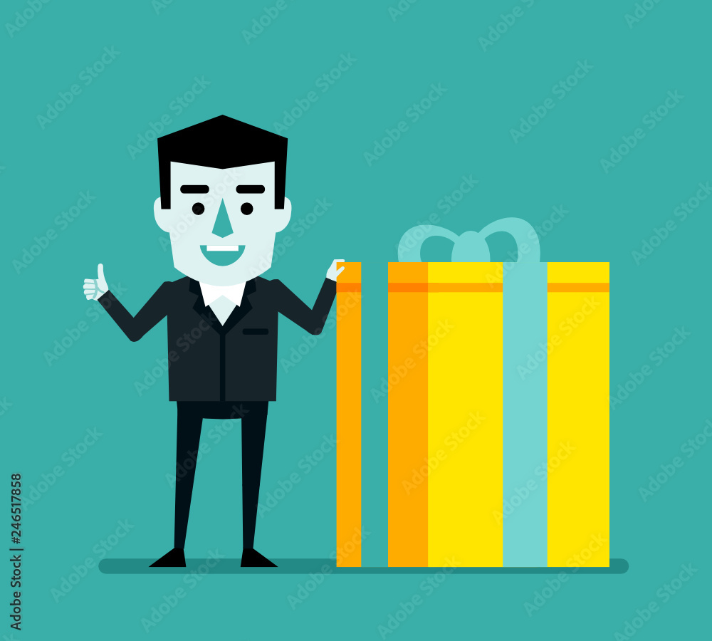 Cheerful man stands with big gift box. Surprise, birthday celebration, prize win concept. Flat style vector illustration