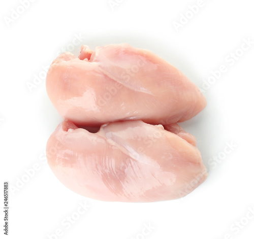Raw chicken breasts on white background, top view. Fresh meat
