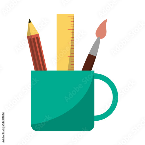 ruler pencil and paint brush in cup