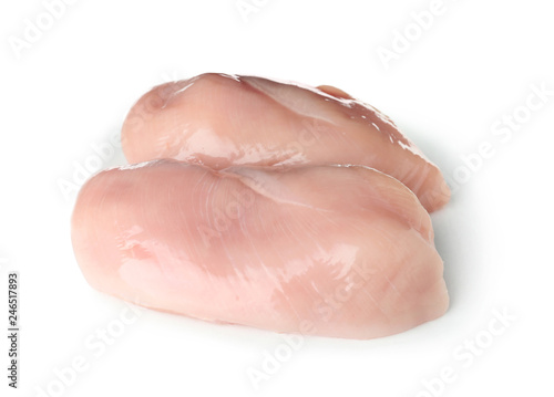 Raw chicken breasts on white background. Fresh meat