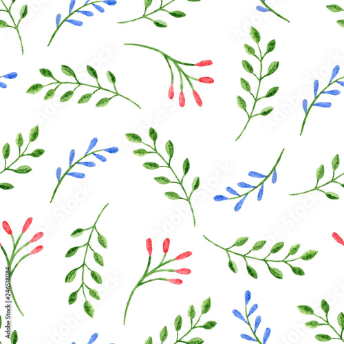Seamless pattern with watercolor branches on white background. Hand-painted ornament