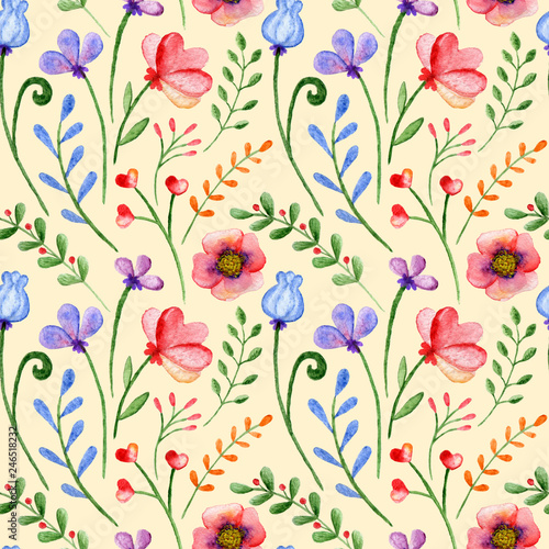 Seamless pattern with watercolor branches  flowers and berries on a yellow background. Hand-painted ornament