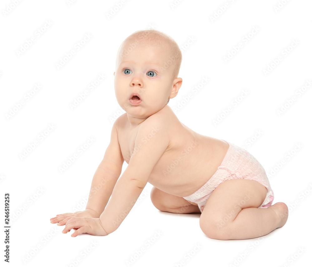 Cute little baby on white background. Crawling time Cute little baby on white background. Crawling time