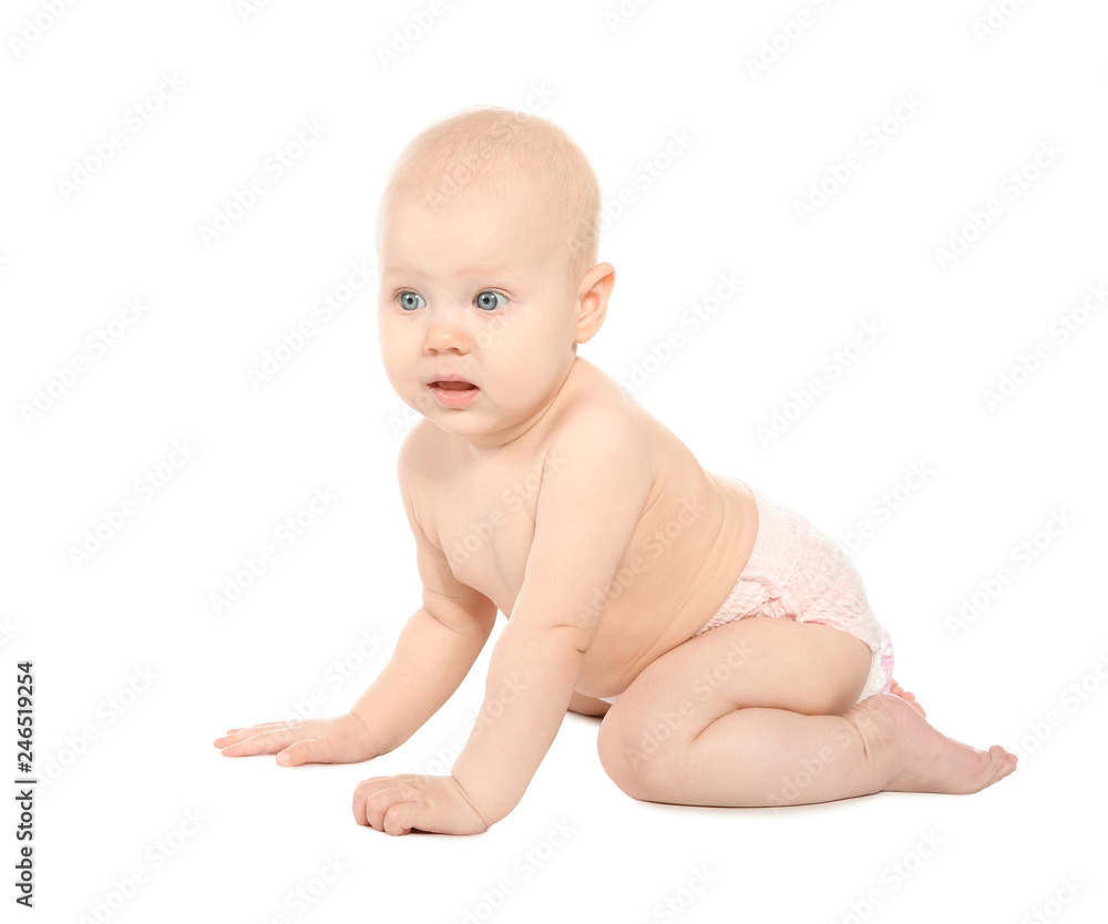 Cute little baby on white background. Crawling time Cute little baby on white background. Crawling time