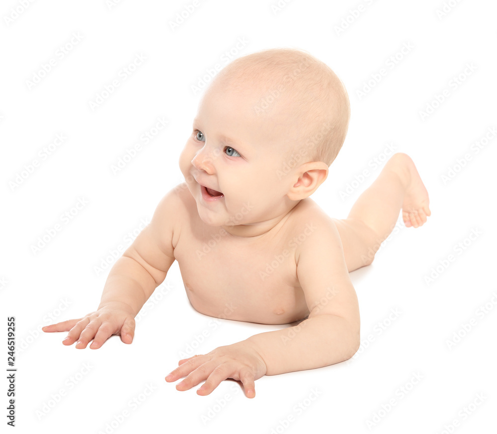 Cute little baby on white background. Tummy and crawling time Cute little baby on white background. Tummy and crawling time