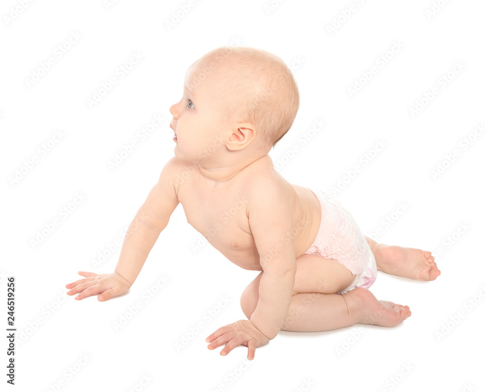 Cute little baby on white background. Crawling time Cute little baby on white background. Crawling time