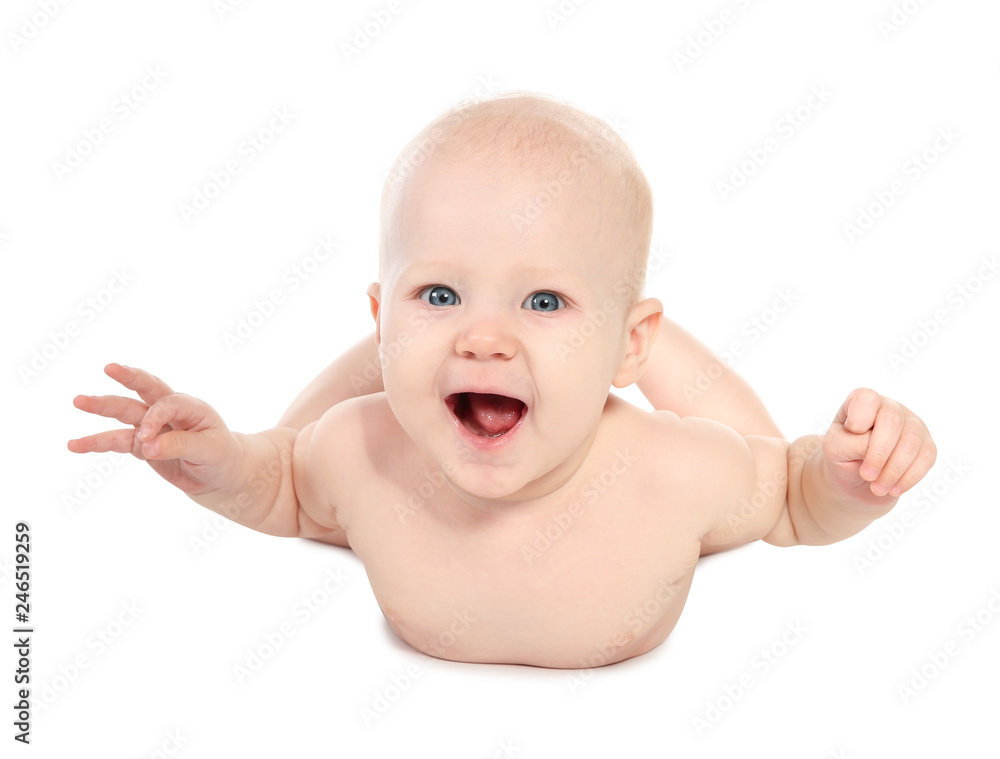 Cute little baby on white background. Tummy and crawling time Cute little baby on white background. Tummy and crawling time