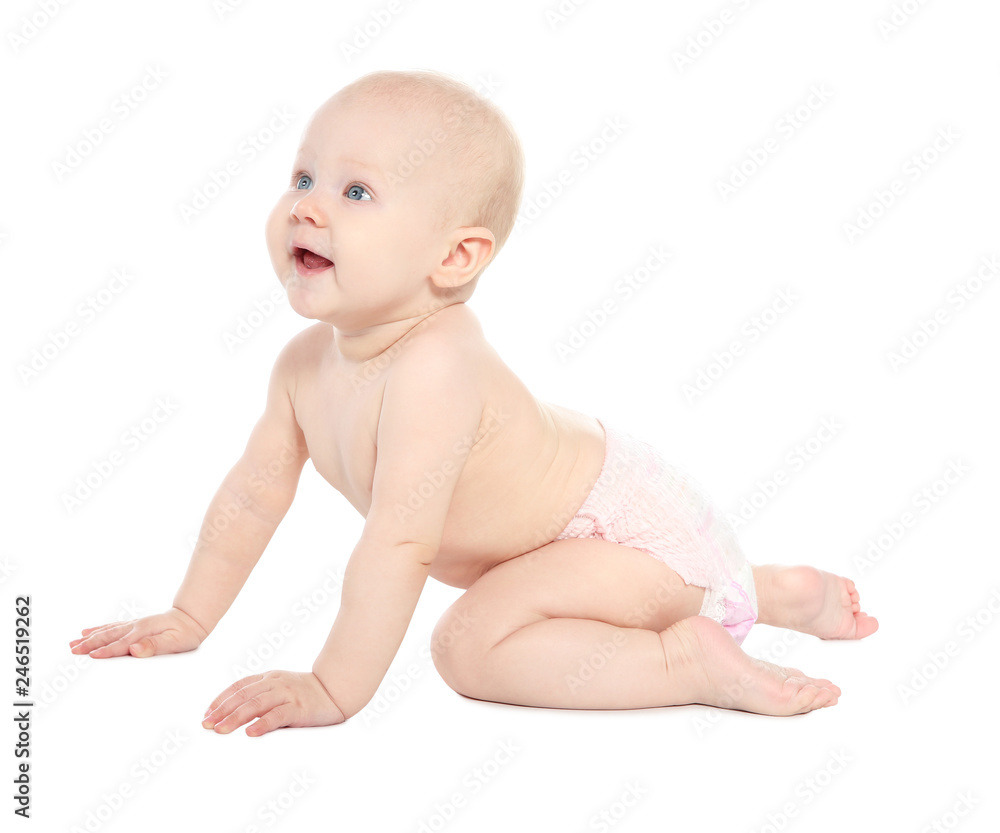 Cute little baby crawling on white background Cute little baby crawling on white background