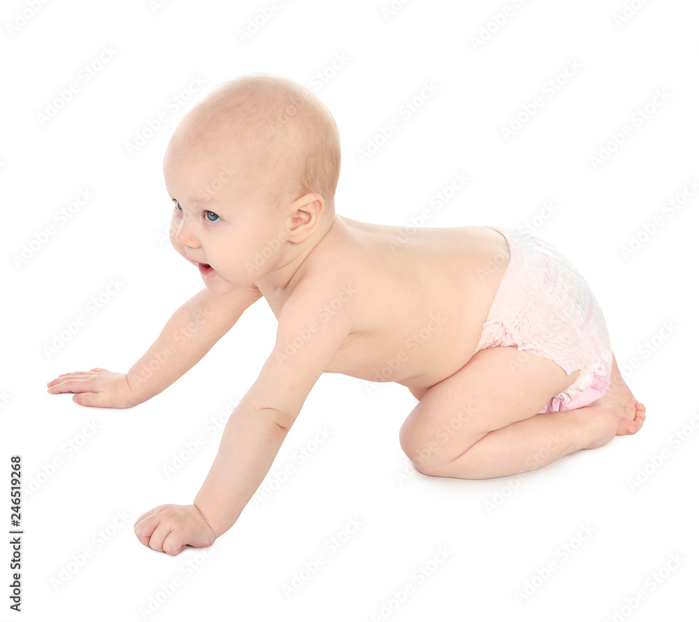 Cute little baby crawling on white background Cute little baby crawling on white background