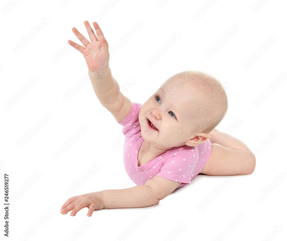 Cute little baby on white background. Tummy and crawling time Cute little baby on white background. Tummy and crawling time