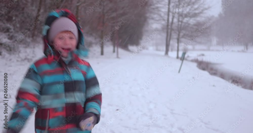 Portrait Of Smiling Cute Happy Boy While Snowing Portrait Of Smiling Cute Happy Boy While Snowing