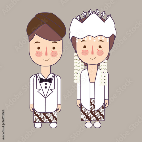 Sunda west java province wedding Couple, cute Indonesian traditional clothes costume bride and groom cartoon vector illustration