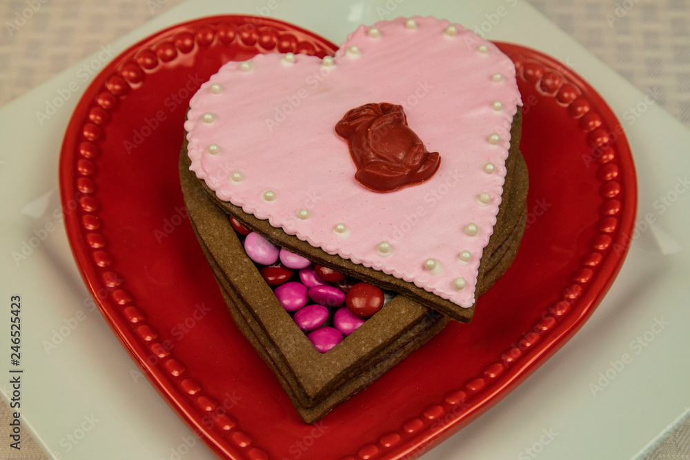 Heart shaped valentine sugar cookie box filled with candy Heart shaped valentine sugar cookie box filled with candy