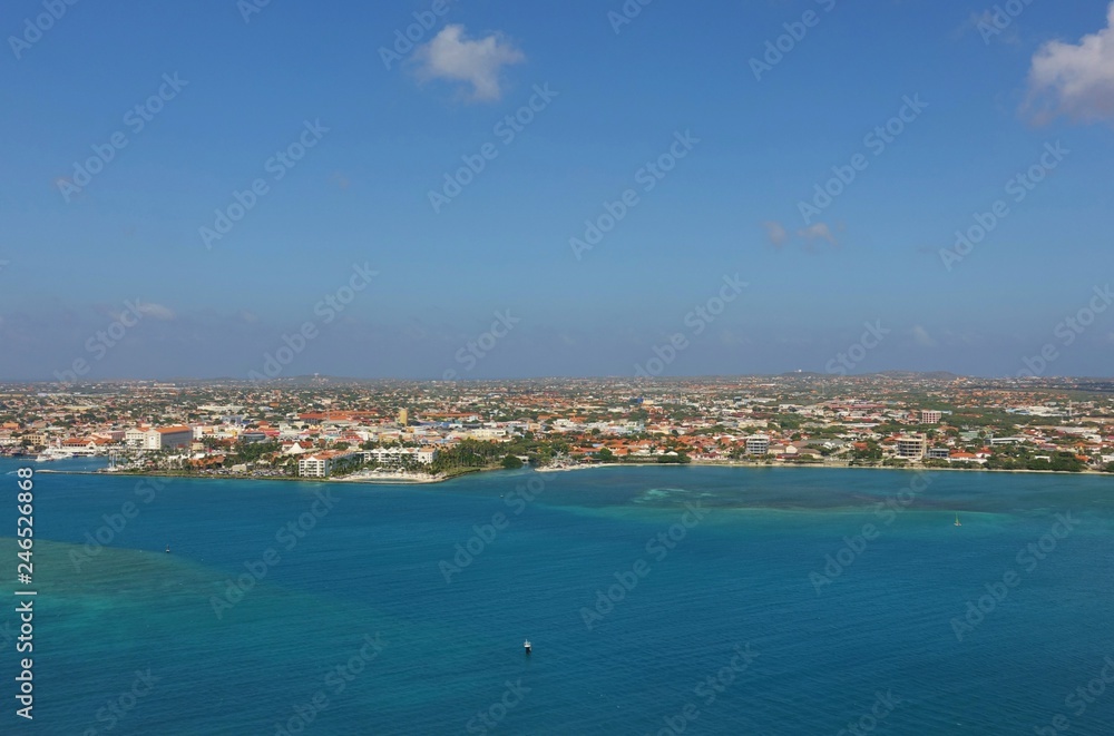 Aerial view of the Caribbean island of Aruba in approach to the Queen Beatrix International Airport (AUA) in Oranjestad
