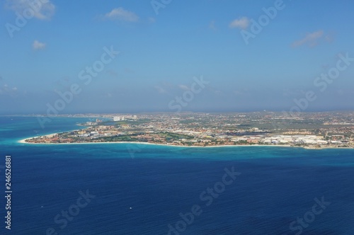 Aerial view of the Caribbean island of Aruba in approach to the Queen Beatrix International Airport (AUA) in Oranjestad