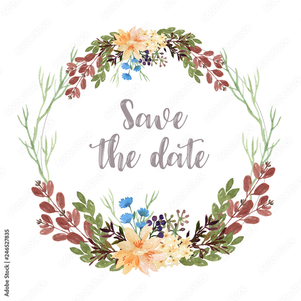 Wreaths watercolor flowers hand painted with text frame border, lush florals aquarelle isolated on white background. Design decor for card, save the date, wedding invitation cards, poster, banner. Wreaths watercolor flowers hand painted with text frame border, lush florals aquarelle isolated on white background. Design decor for card, save the date, wedding invitation cards, poster, banner.