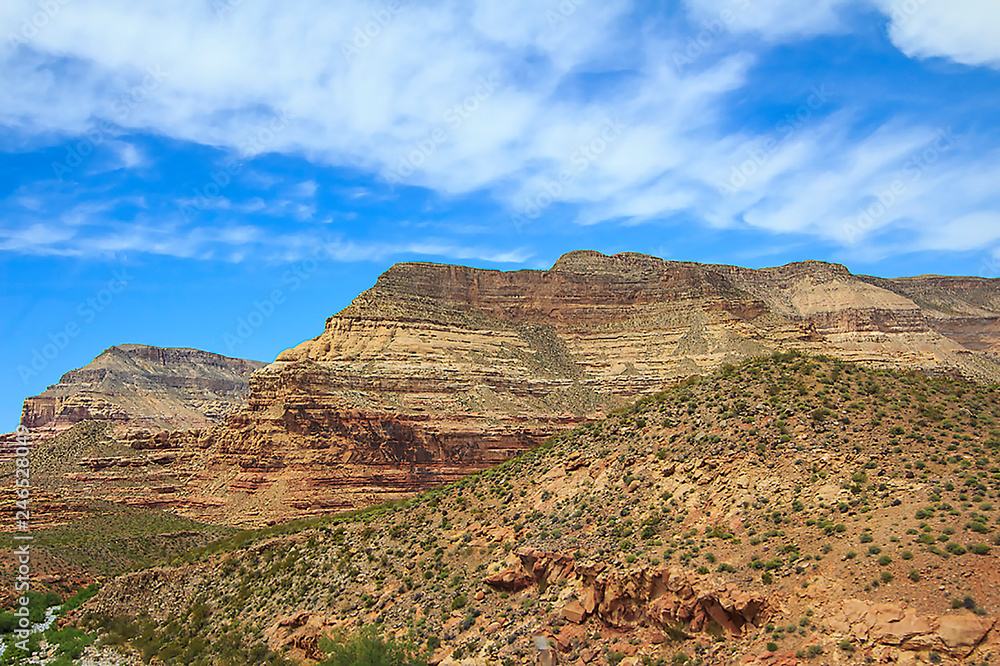 Desert landscape with blue skies and red rocks