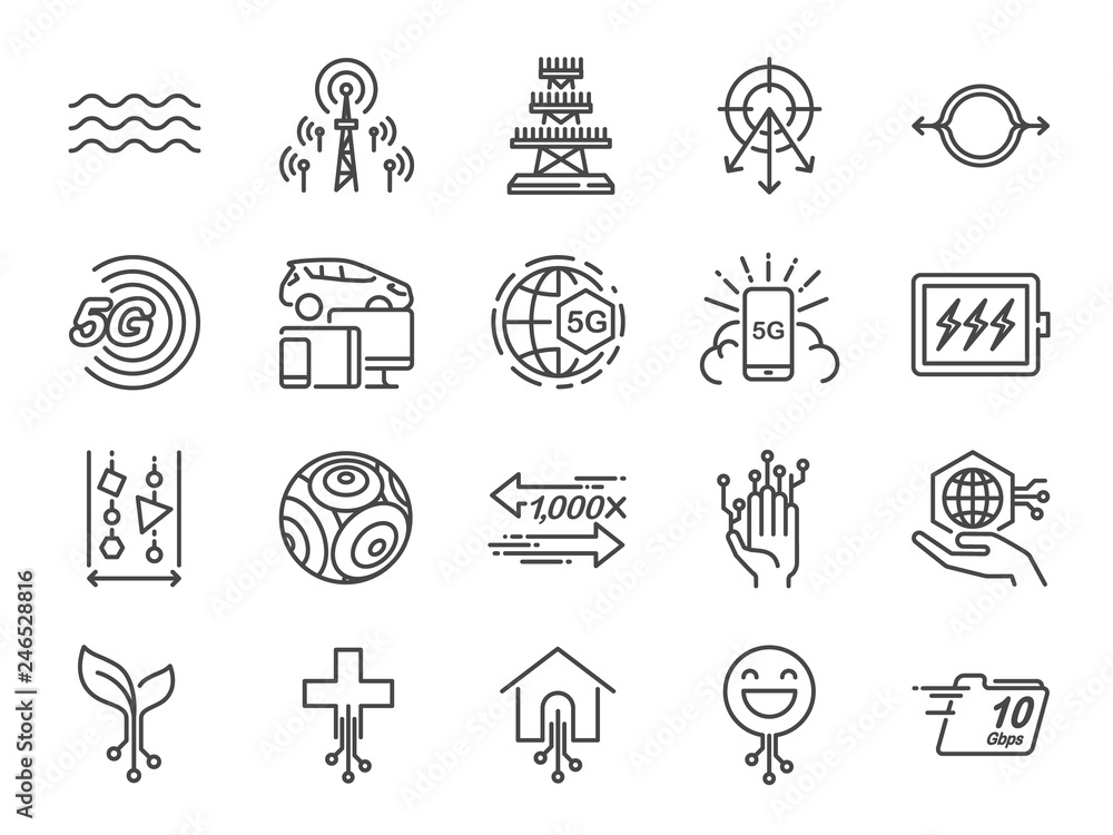 5G internet line icon set. Included icons as IOT, internet of things, bandwidth, signal, devices and more.