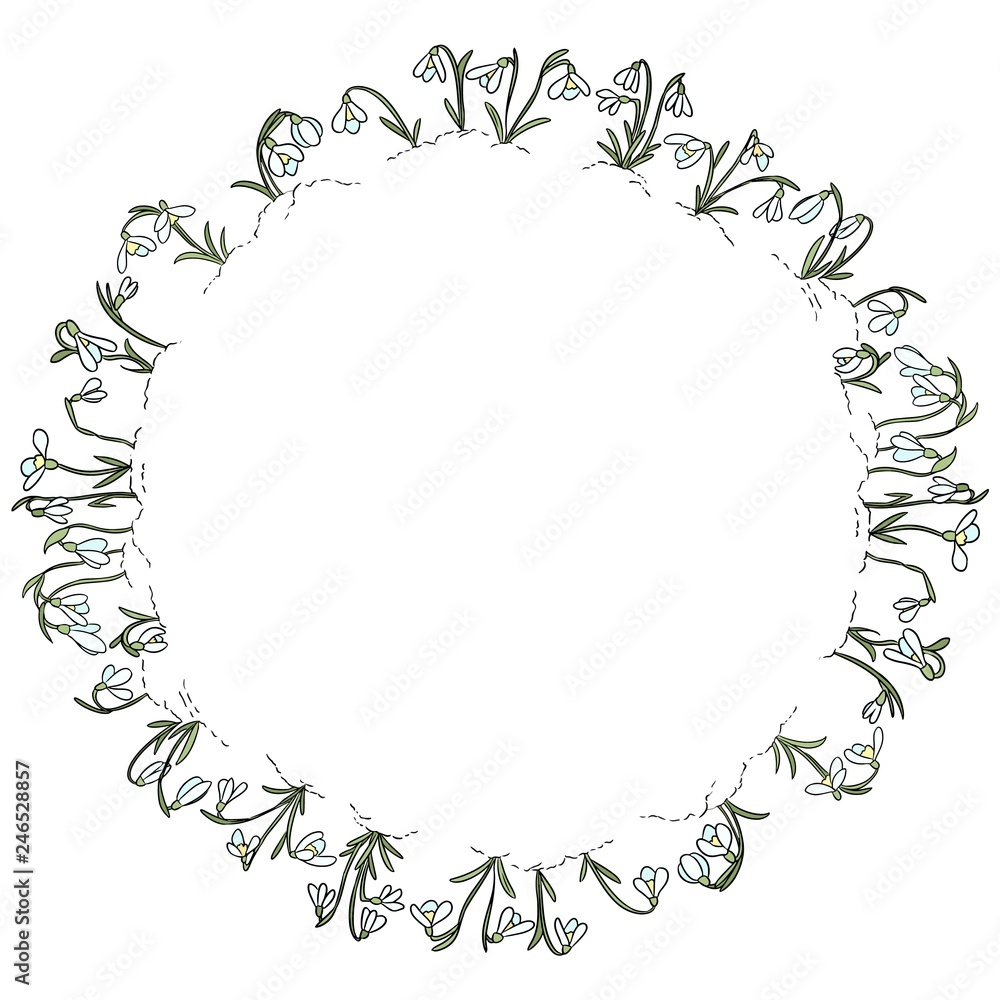 Snowdrops flowers doodles ornamental wreath. Beginning of spring circle template Snowdrops flowers doodles ornamental wreath. Beginning of spring circle template