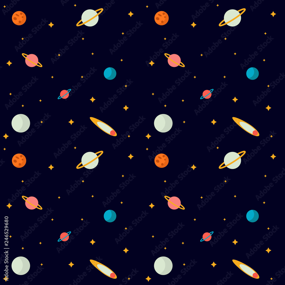 Flat design: space and planet concept.  Cute template with planets and Stars in space. Seamless pattern background.