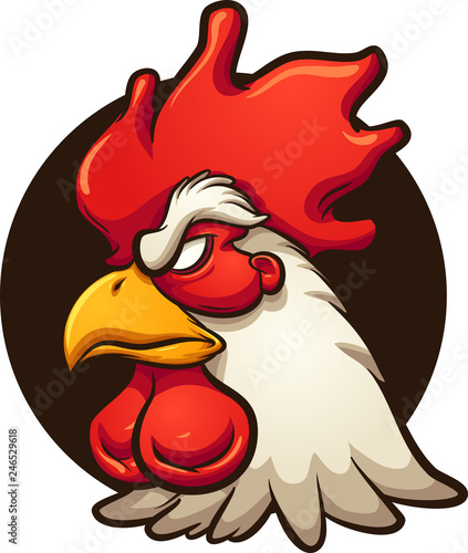 Angry rooster head with dark circular background. Vector clip art illustration with simple gradients. All in a single layer.