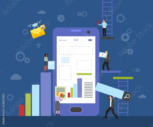 Constucting site on mobile phone vector illustration. Web site or application constructor banner, poster. People holding different signs designing page. Quadrocopter flying with message icon.