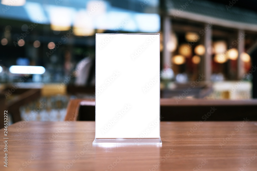 Menu frame standing on wood table in Bar restaurant cafe. space for text marketing promotion. Menu frame standing on wood table in Bar restaurant cafe. space for text marketing promotion.