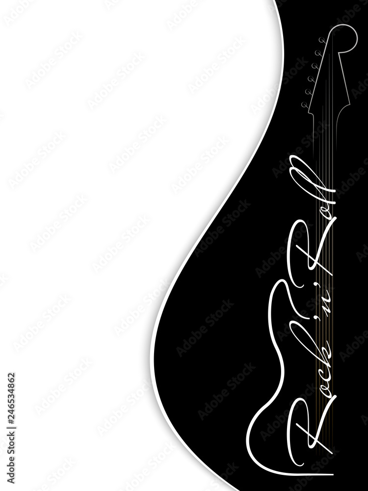 Black and white music background. Guitar and inscription rock'n'roll .  Design of invitation to party, disco, music banner, flyer, cover, wallpaper.  3D vector illustration. Stock Vector | Adobe Stock