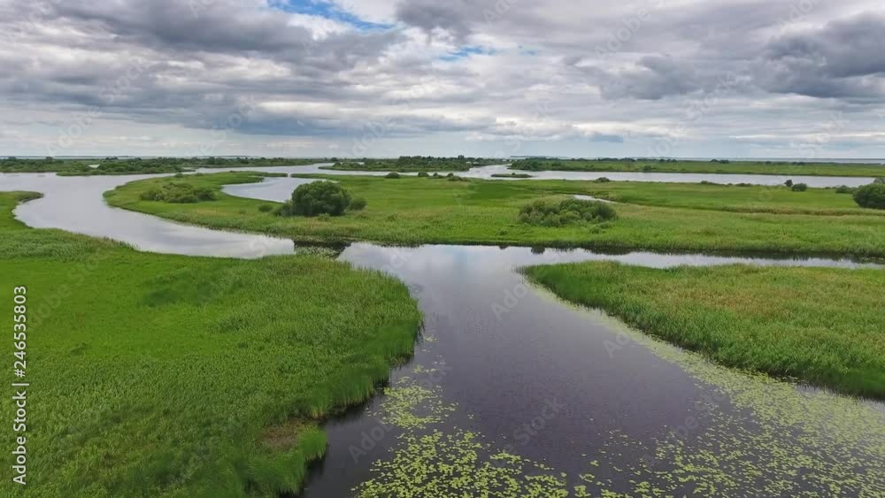 Aerial top view on estuary straits and islands in delta river, 4k Aerial top view on estuary straits and islands in delta river, 4k