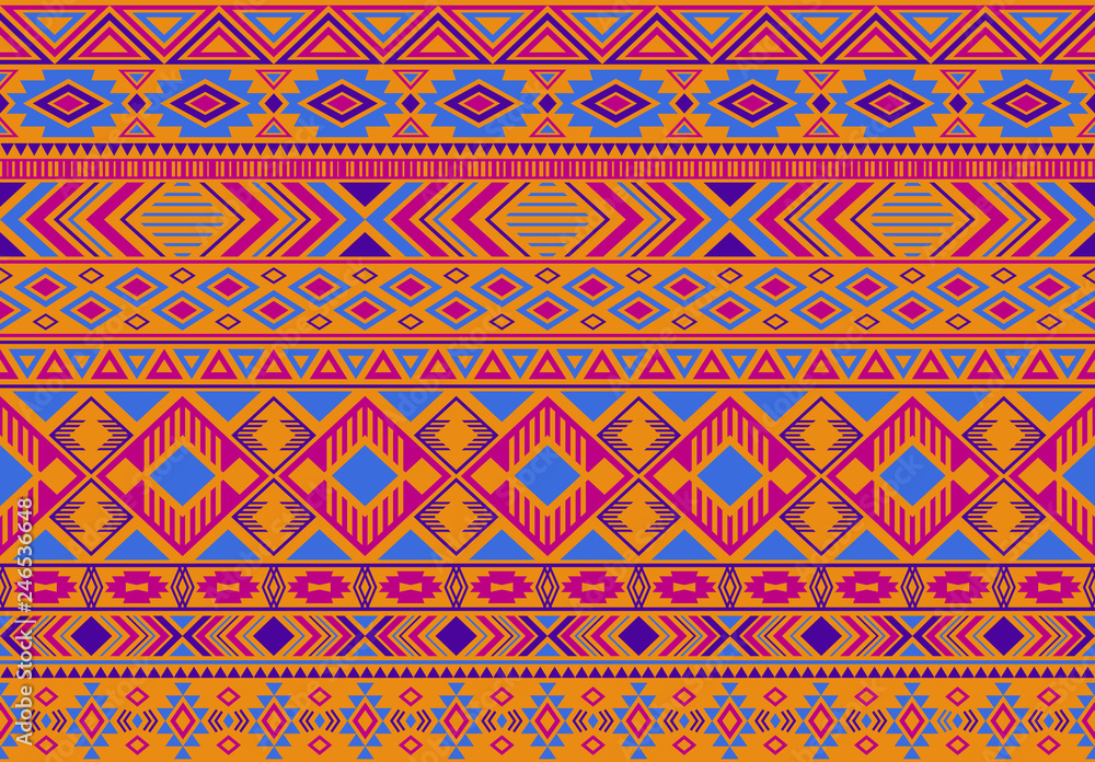 Ikat pattern tribal ethnic motifs geometric seamless vector background. Modern indian tribal motifs clothing fabric textile print traditional design with triangle and rhombus shapes.