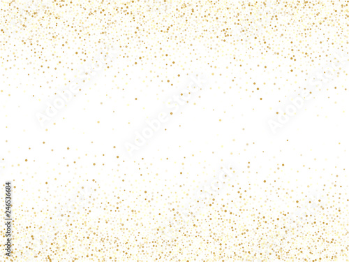 Gold sparkles glitter dust metallic confetti on white vector background.