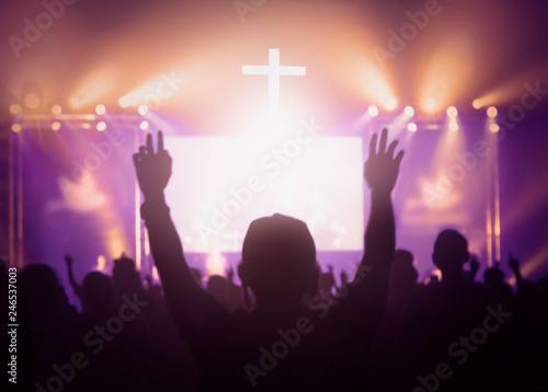 Tablou pe pânză Concept of Jesus Christ: white cross on sunset sky background