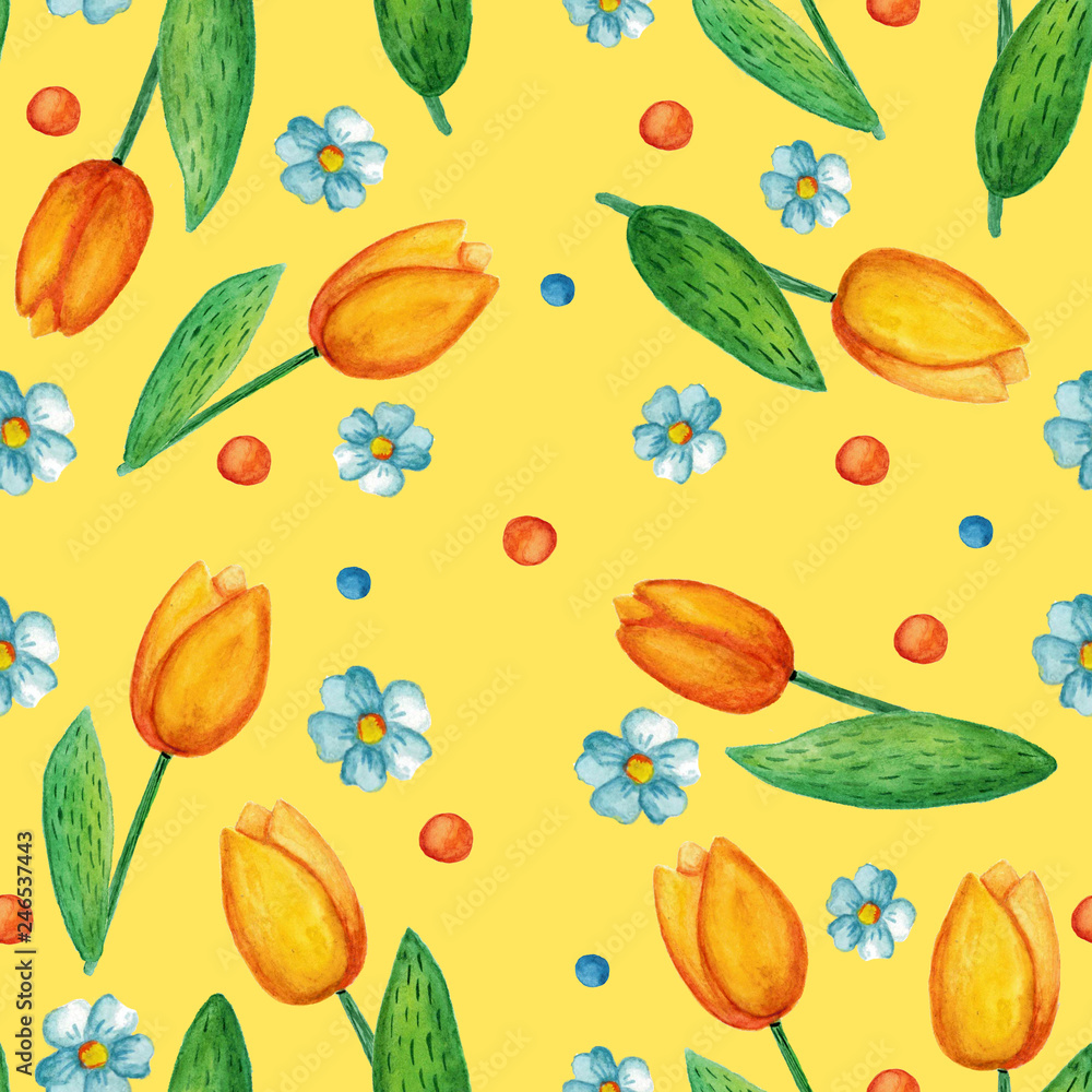 Seamless pattern with cute Easter watercolor illustrations. Tulips