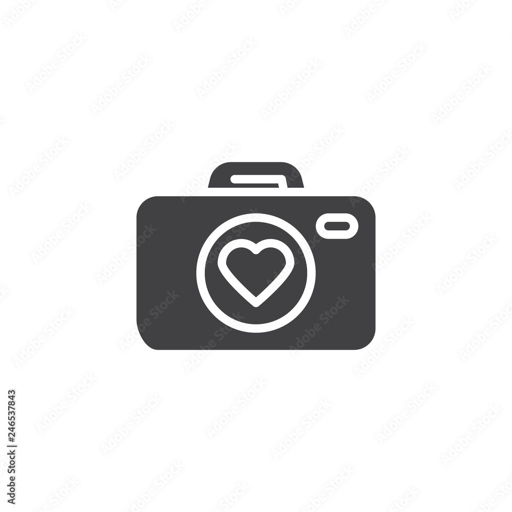 Photo camera with heart vector icon. filled flat sign for mobile concept and web design. Love story, photo camera simple solid icon. Symbol, logo illustration. Pixel perfect vector graphics Photo camera with heart vector icon. filled flat sign for mobile concept and web design. Love story, photo camera simple solid icon. Symbol, logo illustration. Pixel perfect vector graphics