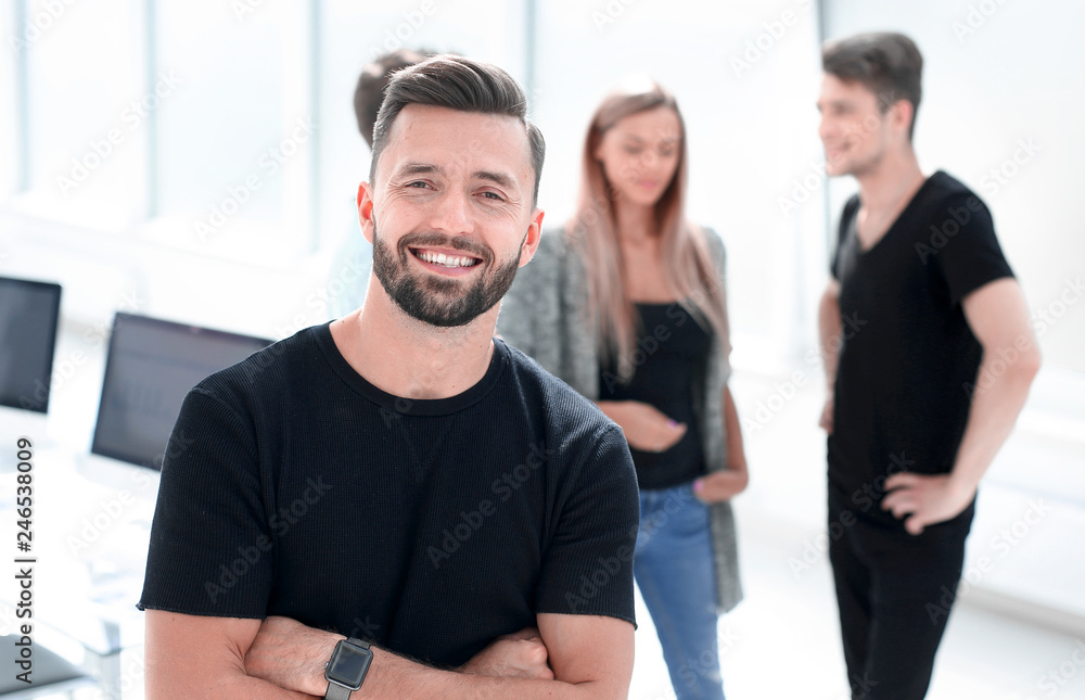 Four business people talking on a break in modern environment Four business people talking on a break in modern environment