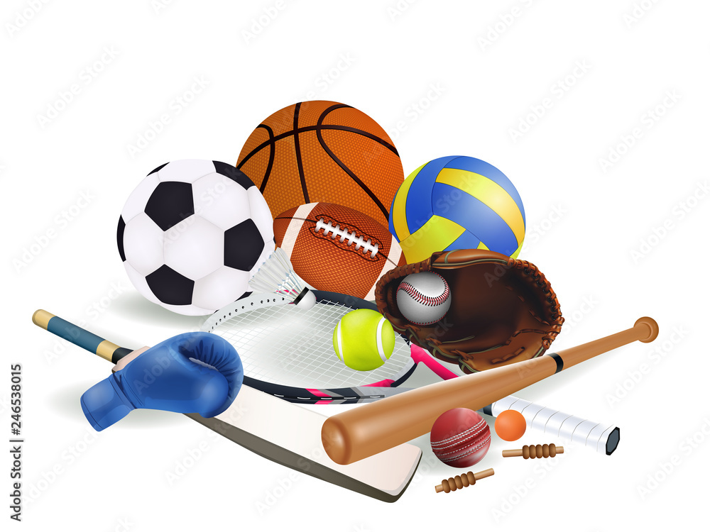 Sports equipment with a football basketball baseball soccer tennis ball  volleyball boxing gloves cricket and badminton isolated on white  background. vector illustration. Stock Vector | Adobe Stock