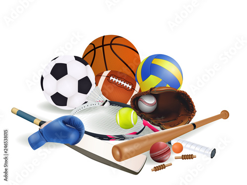 Sports equipment with a football basketball baseball soccer tennis ball volleyball boxing gloves cricket and badminton isolated on white background. vector illustration.