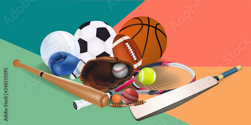 Sports equipment with a football basketball baseball soccer tennis ball volleyball boxing gloves and badminton as a symbol of sports online on colorful background. illustration.