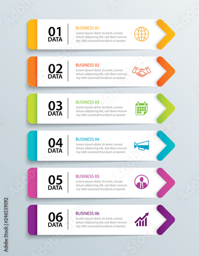 Infographics tab in horizontal paper arrow with 6 data template. Vector illustration abstract notebook background. Can be used for workflow layout, business step, banner, web design.