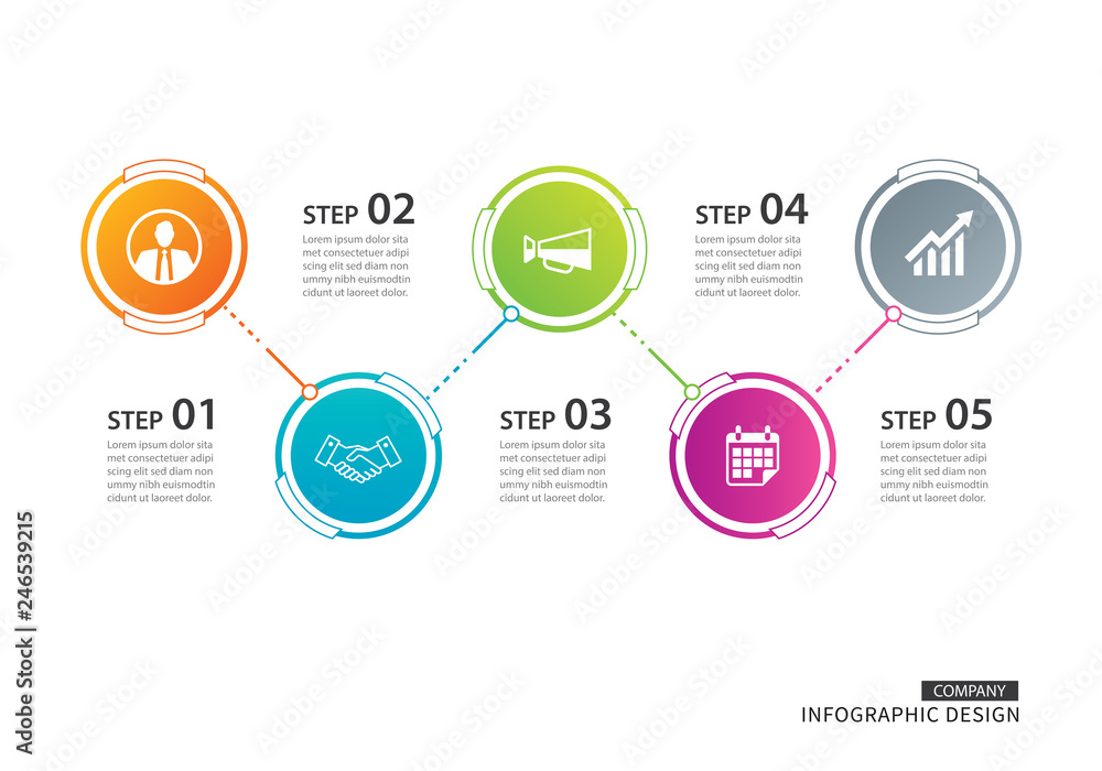 5 circle timeline infographic template business concept background. Vector can be used for workflow layout, diagram, number step up options, annual report