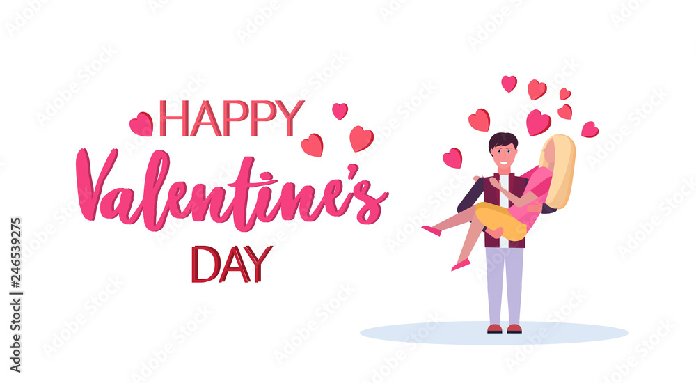 couple in love man holding on arms woman happy valentines day celebrating concept lovers having fun over red heart shapes background isolated horizontal greeting card flat couple in love man holding on arms woman happy valentines day celebrating concept lovers having fun over red heart shapes background isolated horizontal greeting card flat