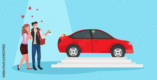man giving woman keys to new car happy valentines day holiday celebration concept couple in love over red heart shapes female male full length characters horizontal flat