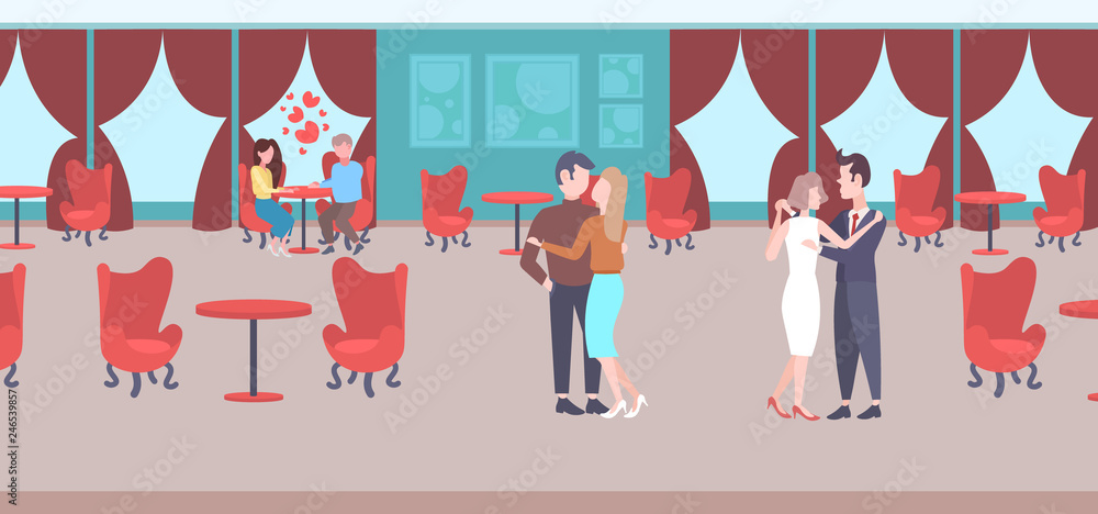 couples dancing together men women lovers celebrating event concept modern restaurant interior banqueting luxury hall male female cartoon characters full length flat horizontal