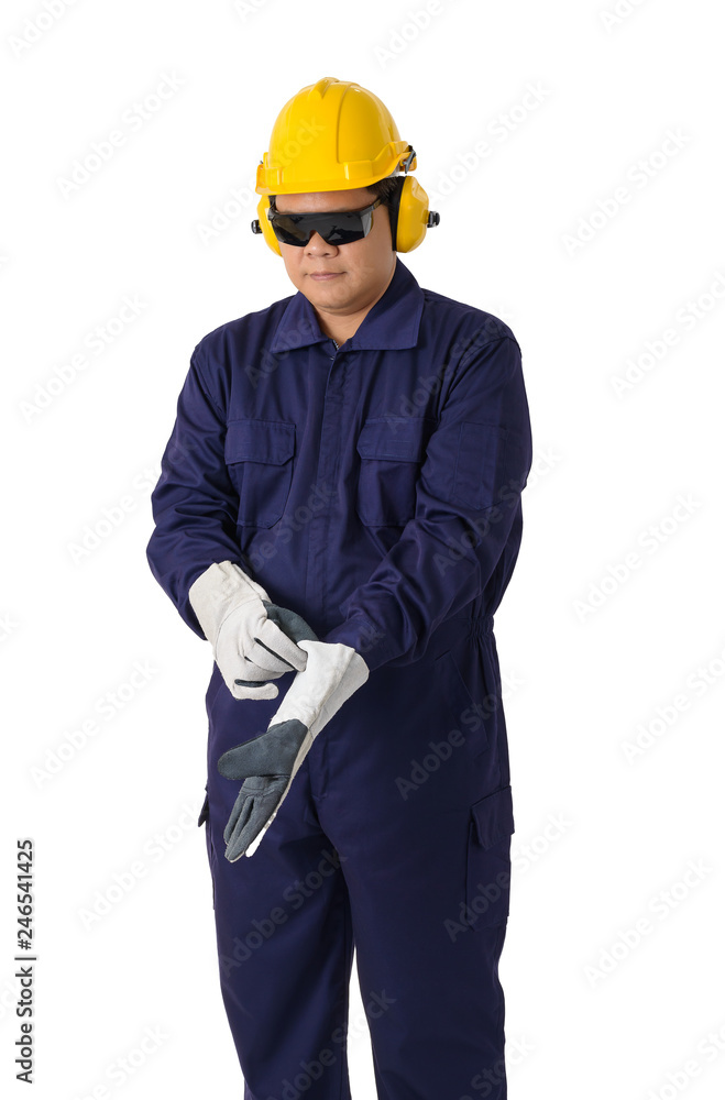 portrait of a worker in Mechanic Jumpsuit is Removing gloves isolated on white background portrait of a worker in Mechanic Jumpsuit is Removing gloves isolated on white background